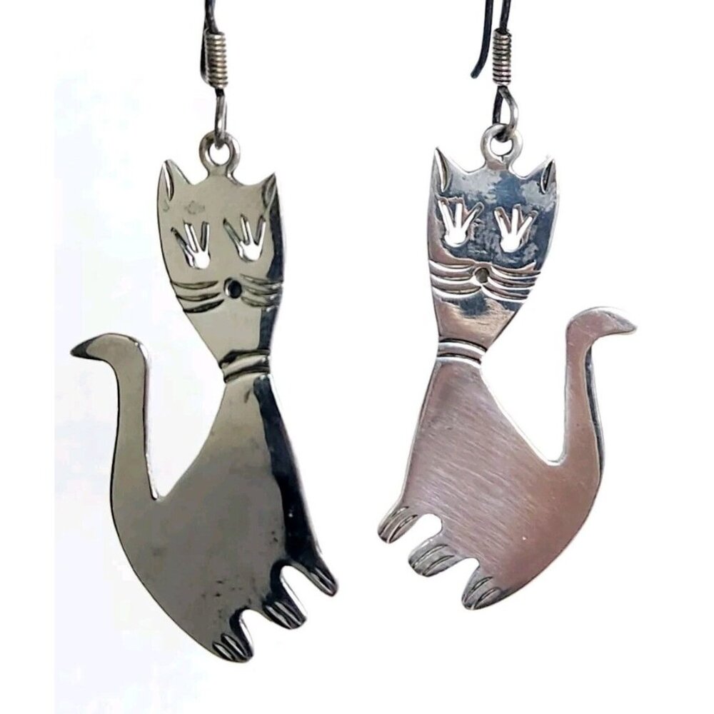 VTG Taxco Sterling Silver 925 Kitty Cat Long Dangle Earrings - 10.58 Grams 2"